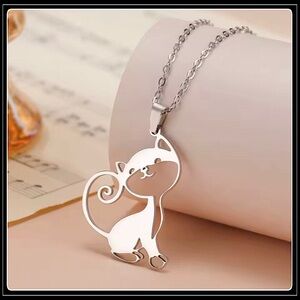 NEW SILVER STEEL LASERCUT CAT KITTEN PENDANT NECKLACE